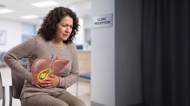 Woman suffering from liver pain. Patient with gallbladder disease in clinic waiting room.