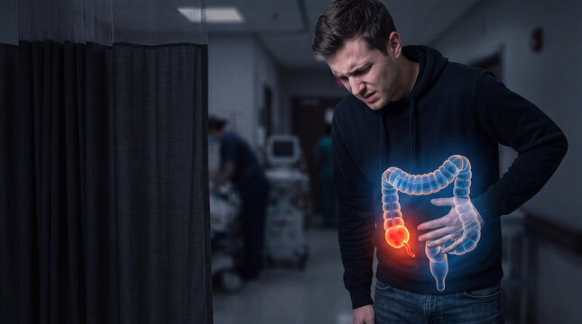 Young man experiencing stomach pain with digital medical overlay. Male patient suffering from digestive discomfort in a clinical setting.