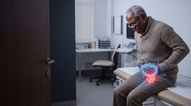Senior man experiencing back pain in medical clinic. Elderly patient holding lower spine during physical examination.