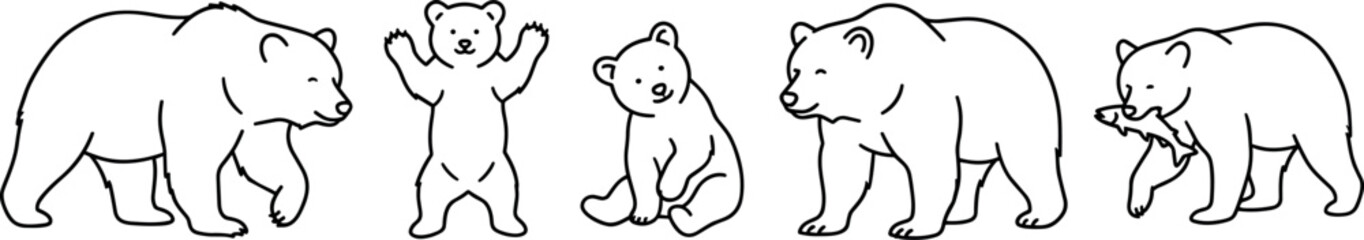 Cute Bear Family Line Art Vector Set Featuring Grizzly Bears and Cubs in Various Poses © MDRIMON