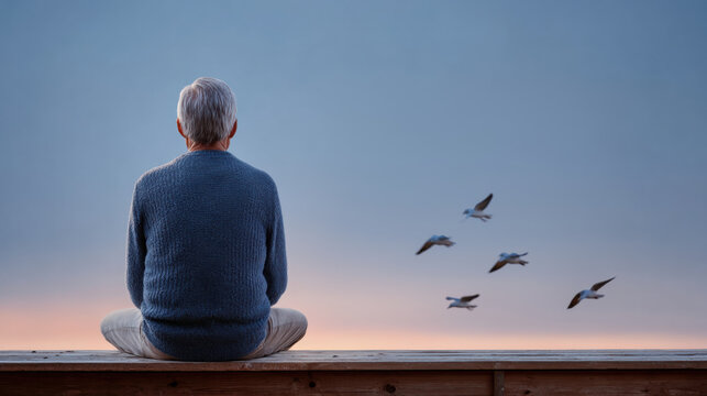 Peaceful man senior man back view sitting seascape sunset meditation solitude birds calm evening mood wooden pier beside quiet ocean pastel sky
