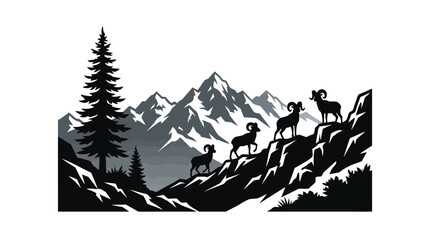 Obraz premium Bighorn sheep on mountain landscape. Wildlife illustration of rams in rocky alpine terrain.