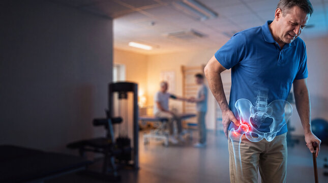 Senior man suffering from hip pain. Elderly patient with joint inflammation in clinic.