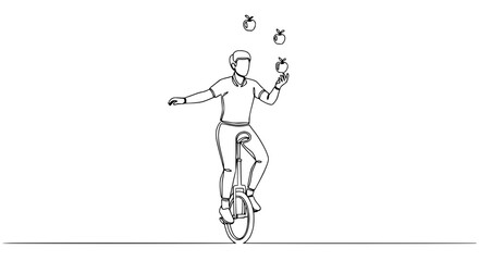 Artist Juggling Apples on Unicycle, Continuous Line Drawing © Nur
