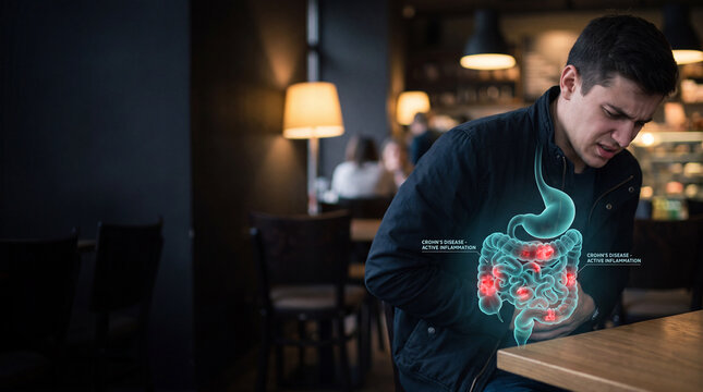 Man suffering from stomach pain. Male patient with digestive system health issues.