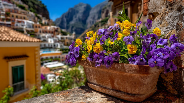 Colorful pansies in a terracotta pot overlooking a mediterranean coastal town with terracotta