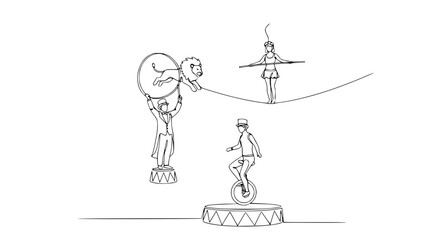 Circus performers: Lion jump, tightrope walker, unicyclist in sketch style. © Nur