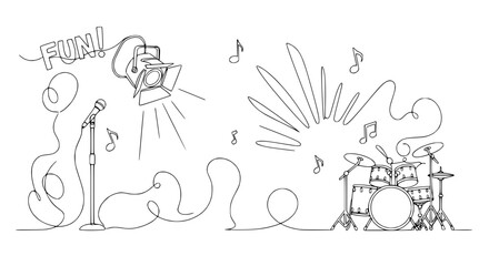 Fototapeta premium Continuous line drawing of a stage setup with microphone, spotlight, drums, and musical notes
