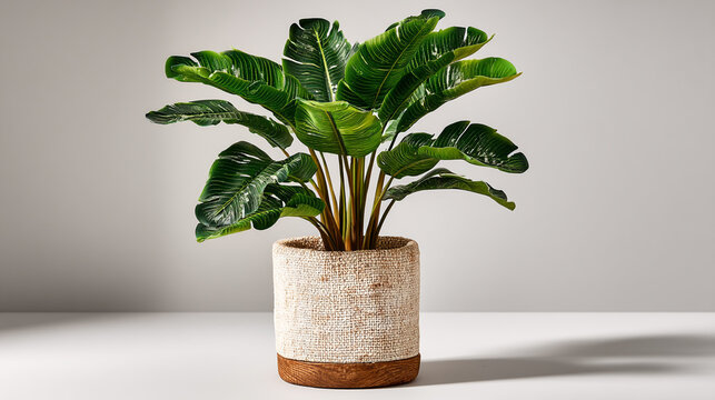 Potted green plant in a rustic textured ceramic pot on a white surface with still life