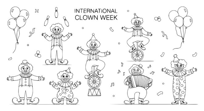 International Clown Week: Diverse Clowns Performing Fun Activities - Vector Art