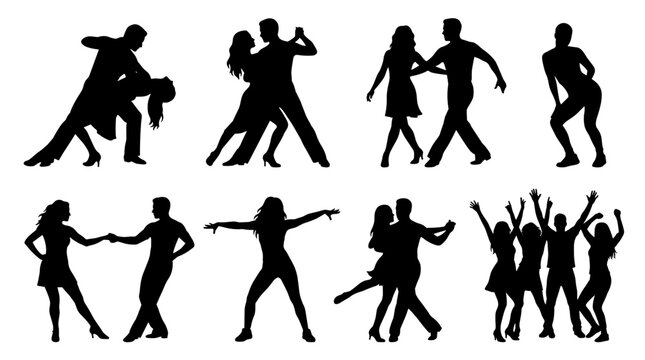 Set of silhouettes of people dancing, salsa and ballroom couples, dynamic poses, party celebration, rhythm and movement, black shapes isolated