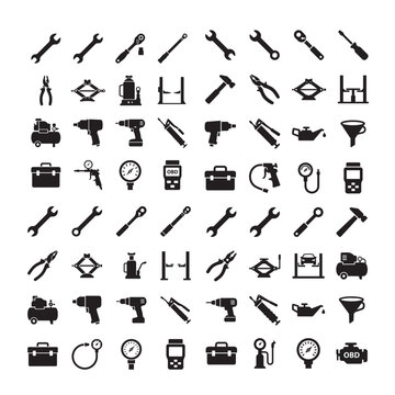 Tools and Garage Equipment Silhouette Vector Icon Bundles &ndash; 640 Editable Automotive Workshop Icons in 10 Premium 8x8 Grid Sets