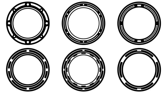 Set of six nautical porthole frames, circular window outline symbols, vintage maritime design elements for marine themes and underwater border