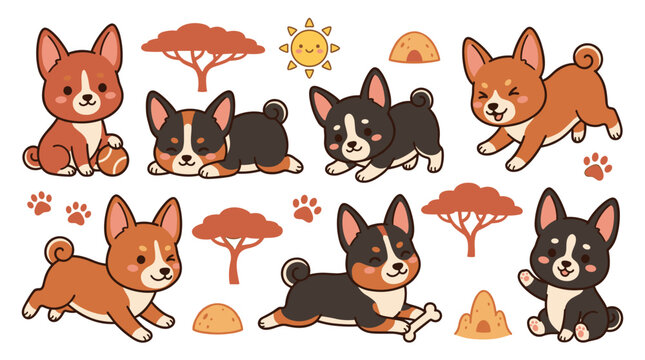 Collection of small dogs in various playful poses with sun and trees, decorative elements for nursery decor, stickers, textile prints, happy pet life