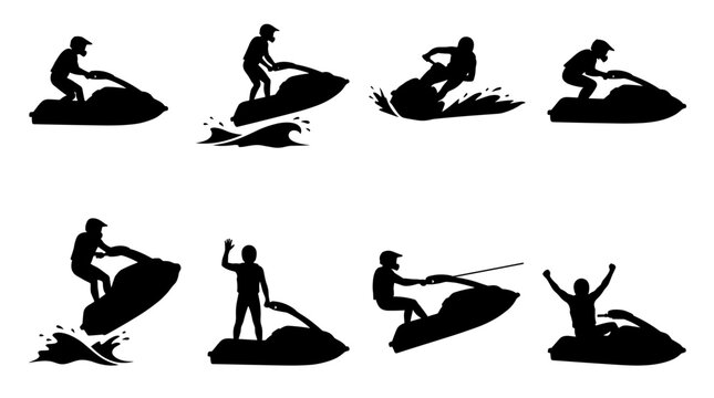 Set of eight black silhouette illustrations of people riding jet skis, dynamic water splashes, and recreational water sports action, isolated on