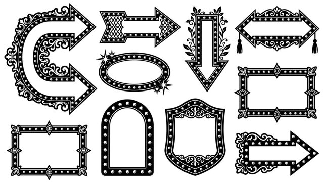 Set of vintage marquee frames and ornate arrows, detailed black and white borders for invitations, signage decoration, elegant classic style layouts