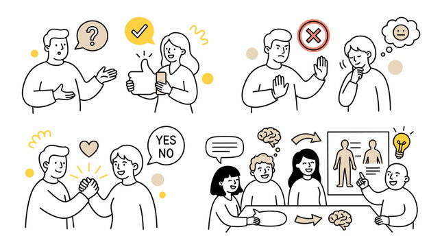 Set of simple line illustrations depicting communication, agreement, disagreement, and teamwork, perfect for presentations and articles