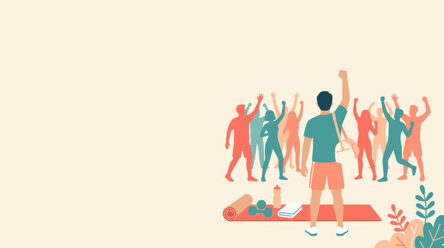 Group workout class leader with raised arm and fitness equipment, active lifestyle, exercise motivation, community health, flat vector illustration