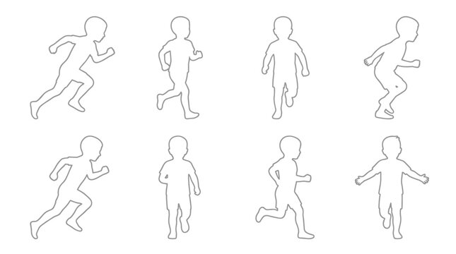 Set of human silhouettes running in various poses, linear outline vector illustration, ideal for sports activities, movement, motion, athletics