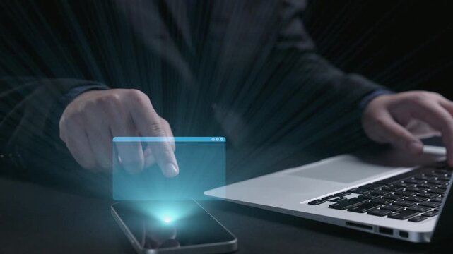 A close-up view of hands typing on a laptop keyboard in a dark setting, surrounded by floating icons of programming languages, symbolizing modern coding and technology. Qubit