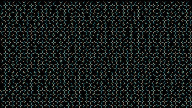 A repeating geometric chainlink pattern with teal and orange accents on a black background