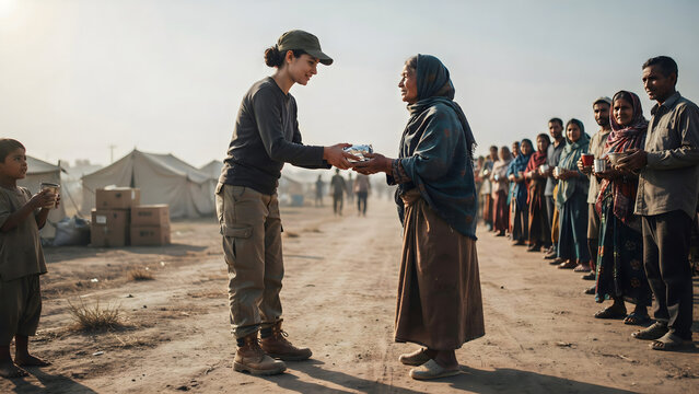 Humanitarian aid worker distributing food to refugees, volunteer helping displaced people in camp, charity relief mission for global crisis