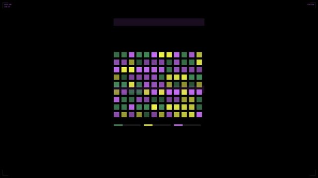 A colorful square pattern grid with green, purple and yellow tiles on a black background.