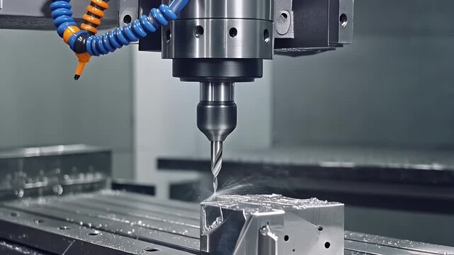 Industrial CNC milling machine carving steel block in precise metalwork manufacturing workshop