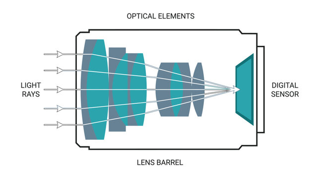 Camera lens cross section diagram, optical elements and light rays vector, white background