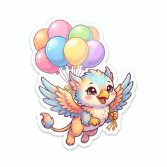 Fototapeta premium Cute Baby Griffin Flying with Colorful Balloons Sticker