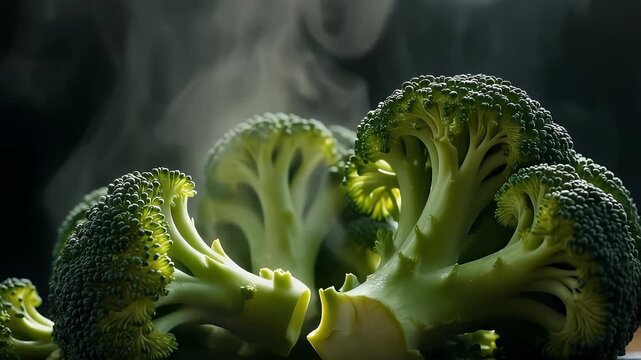 Freshly steamed green broccoli florets with rising steam against a dark background, healthy organic vegetable nutrition