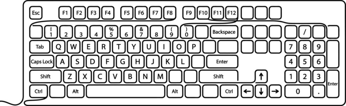 A detailed line art illustration of a standard computer keyboard layout.