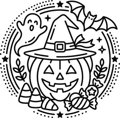 Fototapeta premium Halloween pumpkin jackolantern wearing a witch hat with ghost and bat.