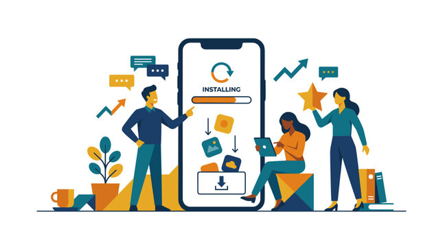 Flat vector illustration of diverse people interacting with a large smartphone displaying an app installation progress bar, downloading icons, speech bubbles, and data arrows.
