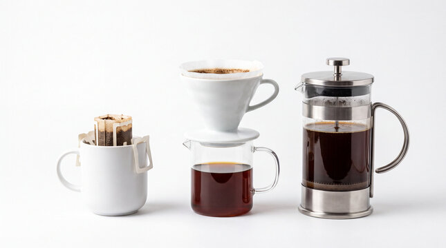 Three alternative coffee brewing methods drip bag filter coffee pourover and french press isolated on white background.