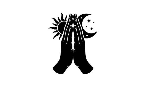 Folded Hands with Sun and Moon Balance of Opposites Black White Silhouette Vector