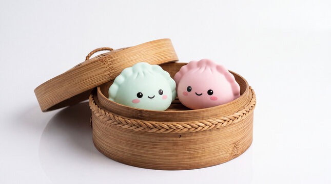 Two cute pastel dumpling squishy toys with funny smiling faces inside bamboo steamer basket isolated on white background.