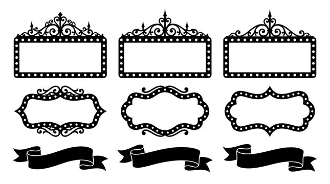Set of vintage marquee frames and ribbon banners with retro light bulb borders, ornate scrollwork details, decorative signage elements for event