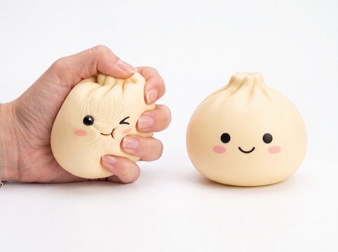 Hand squeezing cute dumpling squishy toy next to smiling baozi toy isolated on white background stress relief concept.