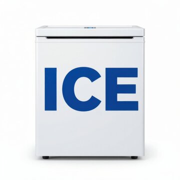 Modern white ice maker machine producing clear ice cubes. Compact countertop ice dispenser for home kitchen or office use with blue digital display.