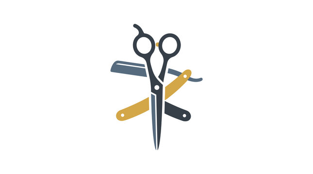 Minimalist barber shop logo featuring professional hair cutting scissors and a classic straight razor tool in a flat vector design isolated on a clean white background.