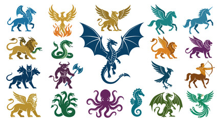 Fototapeta premium Mythology Fantasy Mythical Creatures Flat Vector Icons Set. Legendary Animals Fantastic Beasts Glyph Collection