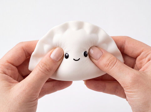 Two hands squeezing cute smiling dumpling squishy toy isolated on white background stress relief and anxiety management concept.