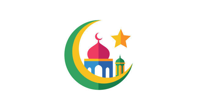 Minimalist flat vector illustration of a mosque with blue base, pink dome, and minaret framed by large green and yellow crescent moon and gold star isolated on white background.