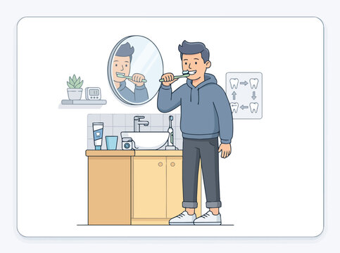 Young person brushing teeth in bathroom illustration