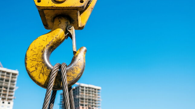 Yellow crane hook with steel cable against clear blue sky, construction industry equipment concept