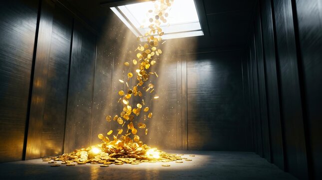 Gold coins falling through light beam into dark room, wealth and fortune concept