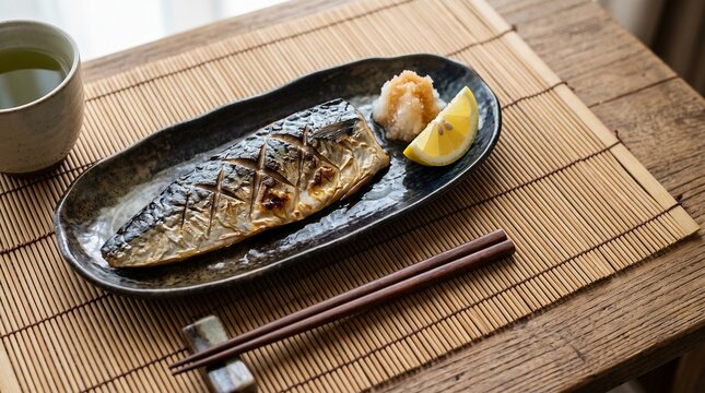 Grilled mackerel fish served with grated radish and lemon on wooden table, Japanese cuisine concept
