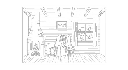 Fototapeta premium Cozy Log Cabin Living Room with Fireplace and Mountain View Illustration