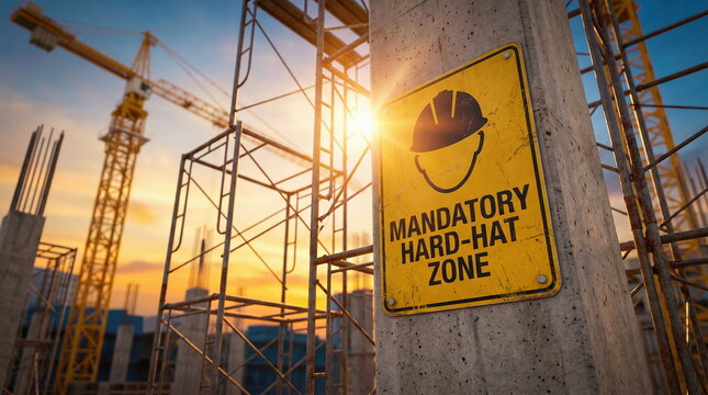 Mandatory hard hat zone warning sign at construction site during sunset, workplace safety compliance concept